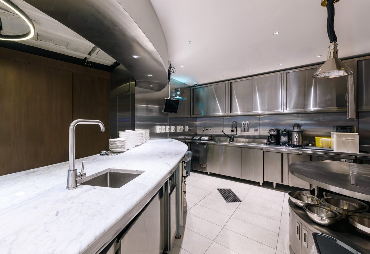 John Dory Seafood Restaurant, marble pass and stainless steel kitchen by Cleresdyne