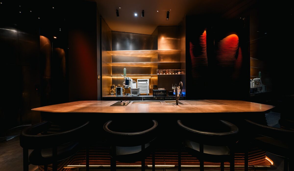 Myata Platinum bar counter, stainless steel fabrication in vibration finish by Cleresdyne