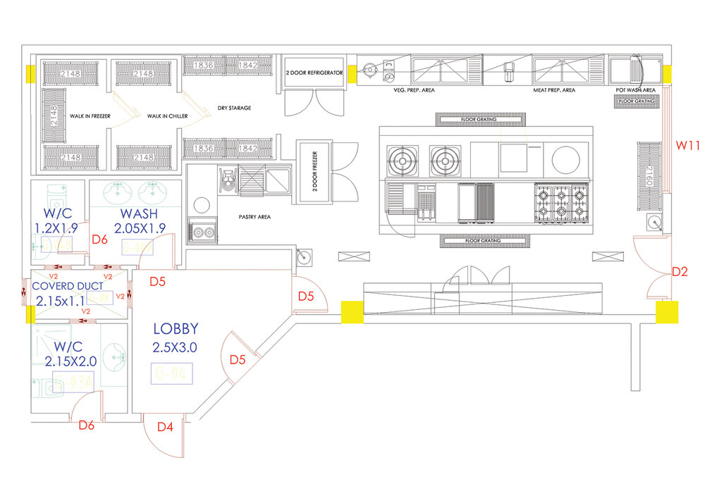 Commercial kitchen equipment layout drawing by Cleresdyne, showing walk-in freezer, chiller, prep areas, and cooking stations