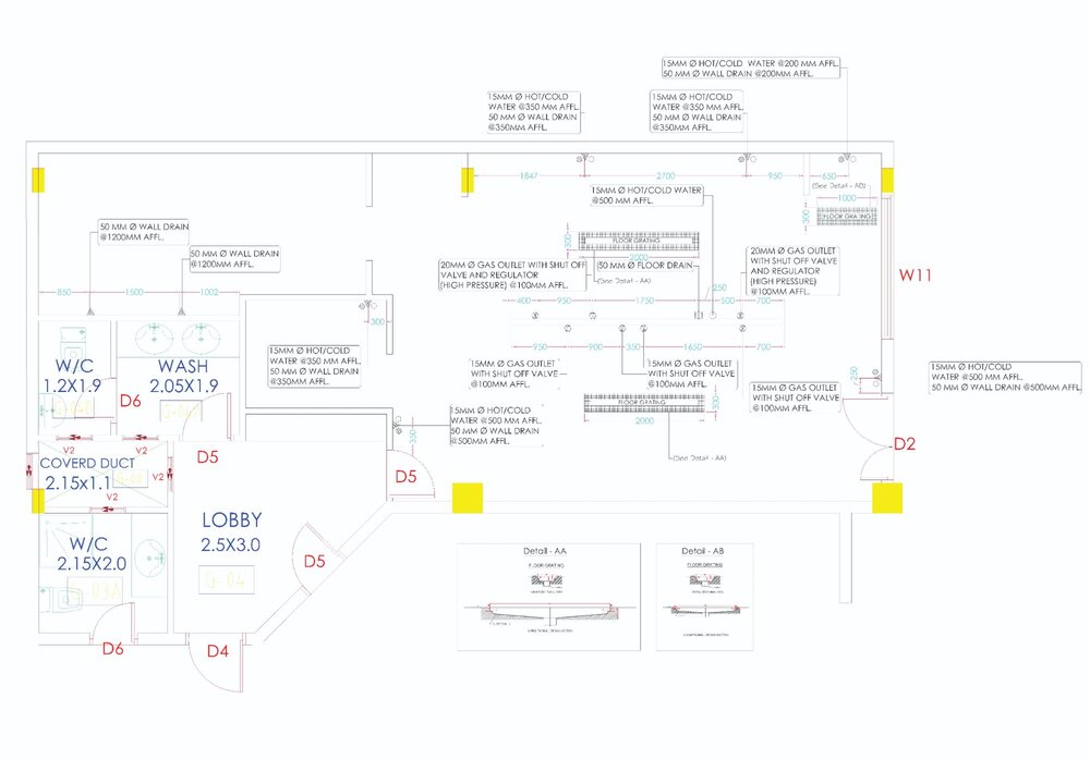 Commercial kitchen plumbing drawing by Cleresdyne, showing water supply, drainage, gas outlets, and floor grating details